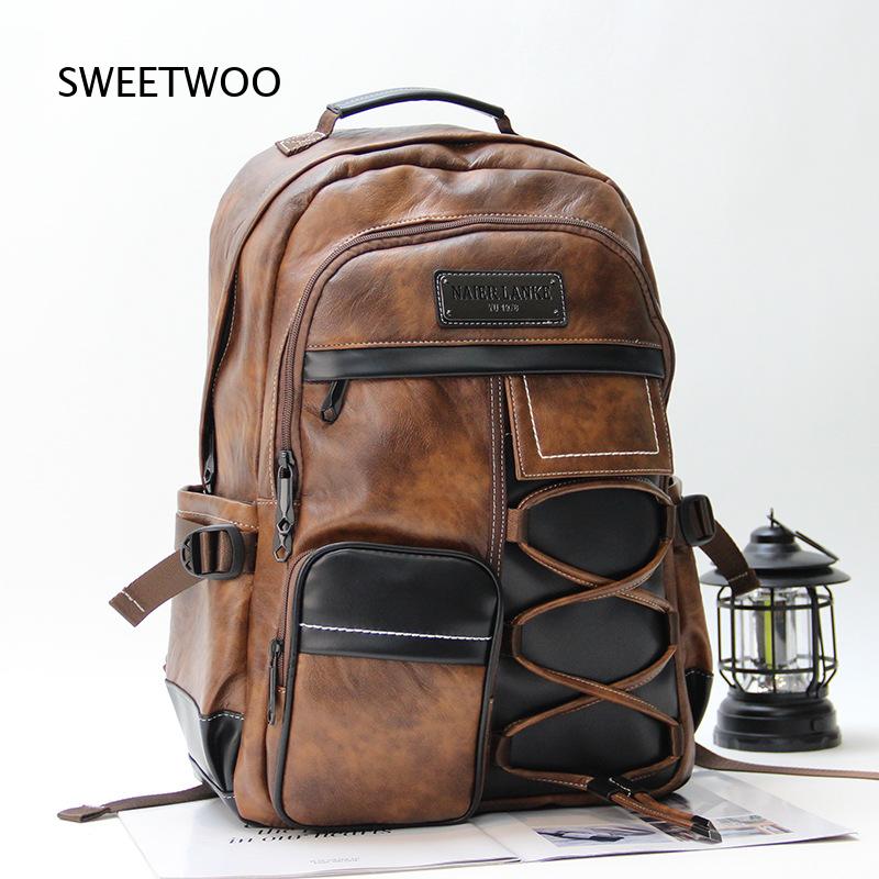 남성용 브라운 컬러 블록 패턴의 인조 가죽 백팩, 빈티 - Leather Backpack Vintage 리뷰 및 가격
